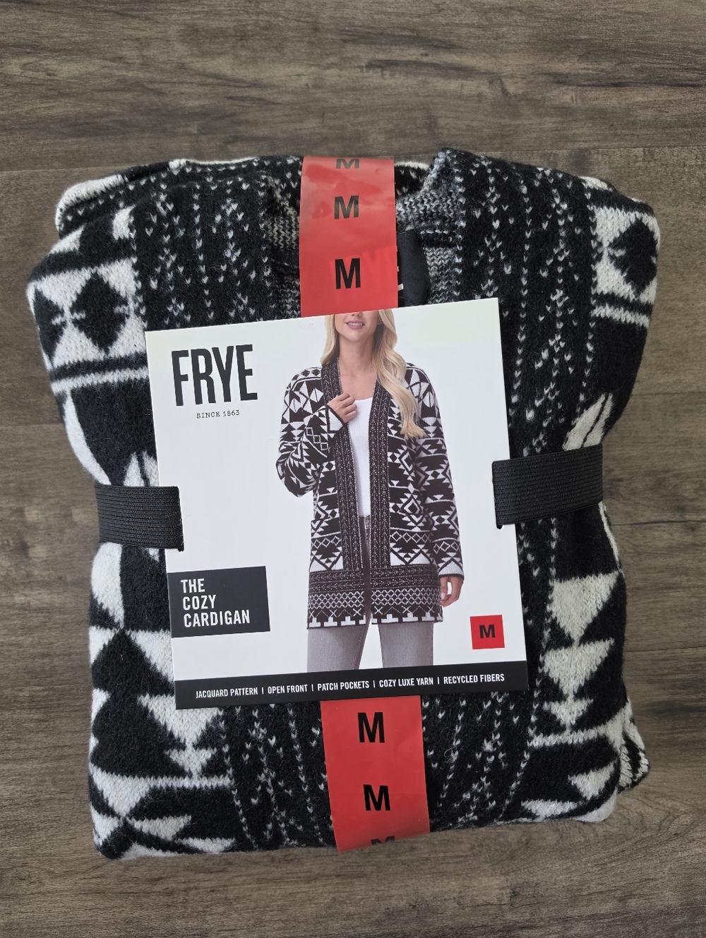FRYE Cardigan Sweater Medium Women's Jacquard Patterned Black & White NWT - Picture 3 of 6